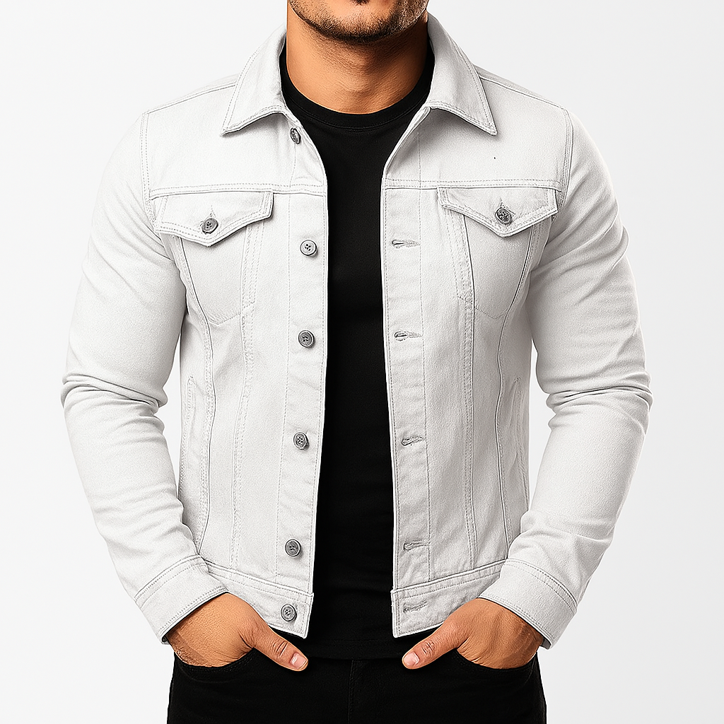 Versatile men's solid color denim jacket, perfect for everyday casual wear, a timeless men's fashion outerwear.