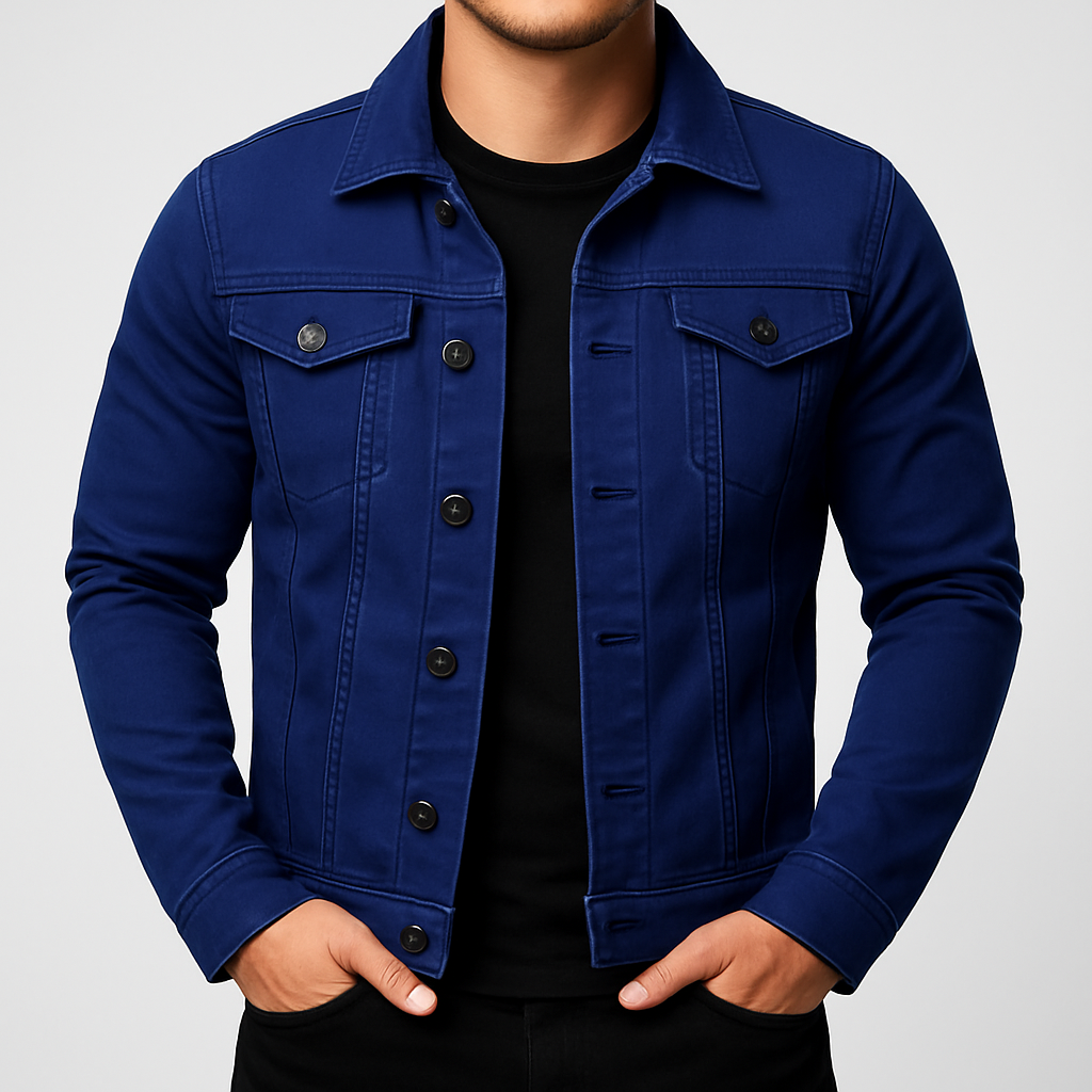 Comfortable men's casual denim jacket, solid blue, perfect for spring/autumn streetwear and daily outfits.