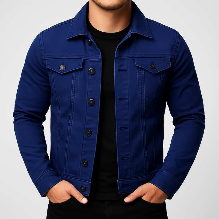 Comfortable men's casual denim jacket, solid blue, perfect for spring/autumn streetwear and daily outfits.