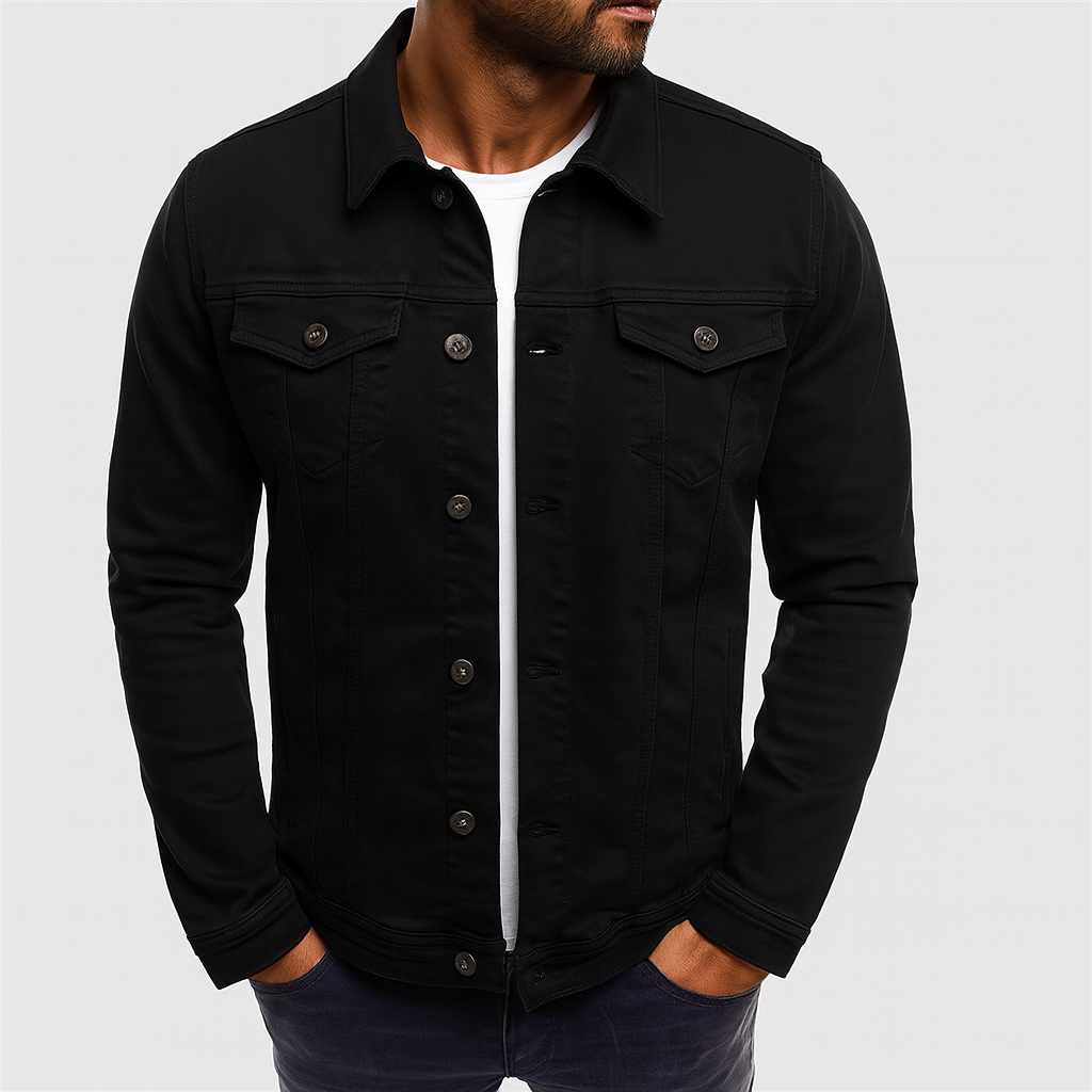 Stylish men's classic denim jacket in a solid color, a versatile and comfortable outerwear piece for men's fashion.