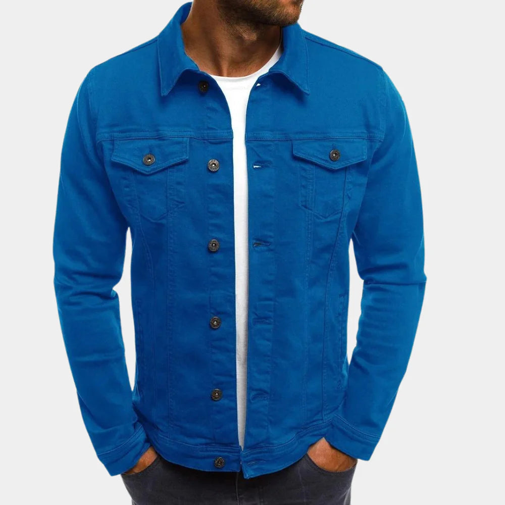 Men's classic blue denim jacket, regular fit, timeless style, perfect for casual everyday wear and layering.