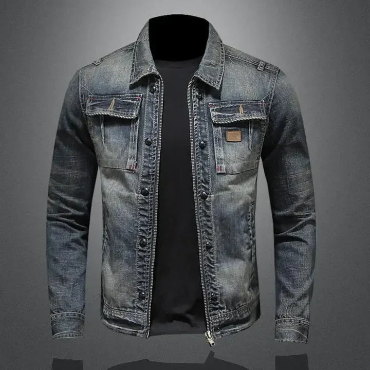 Men's classic blue denim jacket, versatile for everyday wear. Stylish casual outerwear for modern fashion.