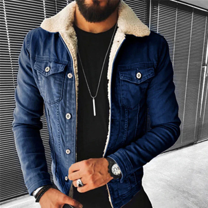 Men's classic blue denim jacket with button front, perfect for timeless urban style & casual layering. Fall/spring outerwear.
