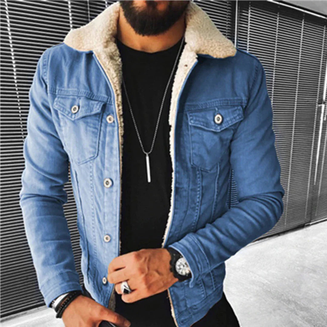 New men's classic fit denim jacket, offering everyday comfort & versatile casual wear. Ideal for spring/fall layering.