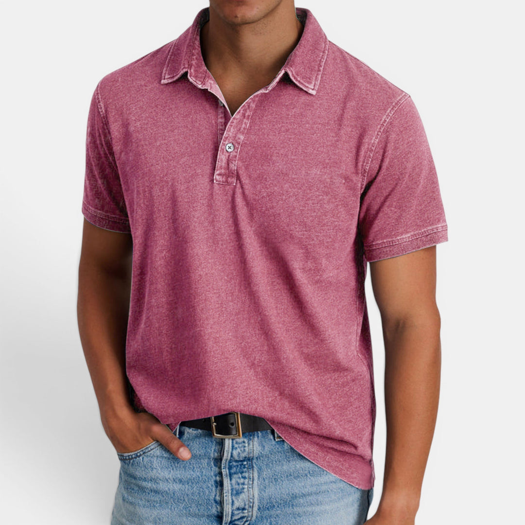 Detail of a men's polo shirt button collar, short sleeve, classic style. Quality & comfort.