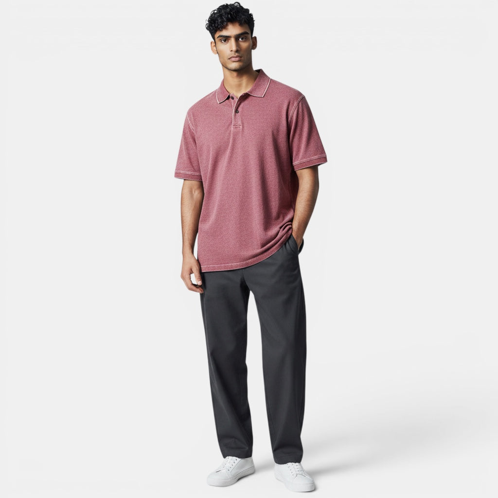 Men's gray classic polo shirt, short sleeve, button collar. Effortless style for comfort & versatility.