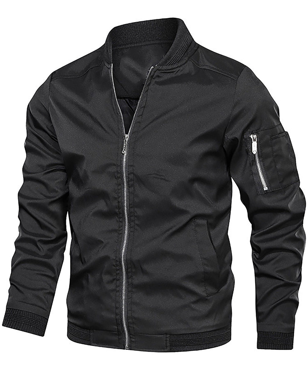 Men's classic bomber jacket in black with a side sleeve zip pocket for secure storage.