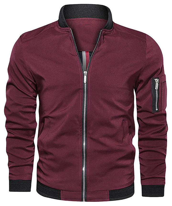 Durable and fashionable men's bomber jacket with an added sleeve zip pocket for practicality.