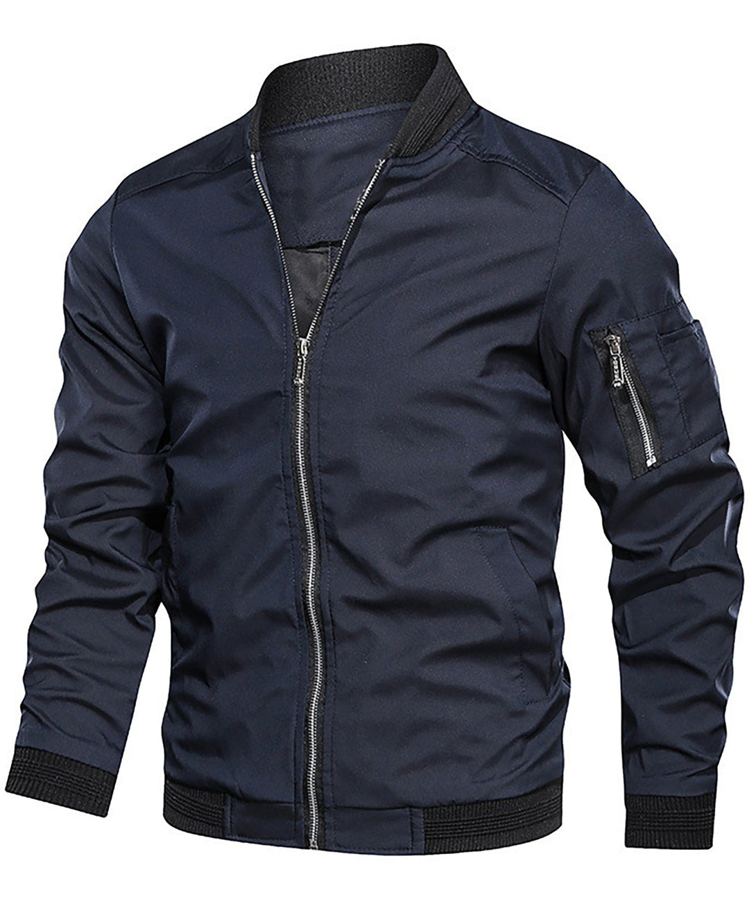 Stylish men's bomber jacket featuring a functional zip pocket on the sleeve, perfect for fall fashion.