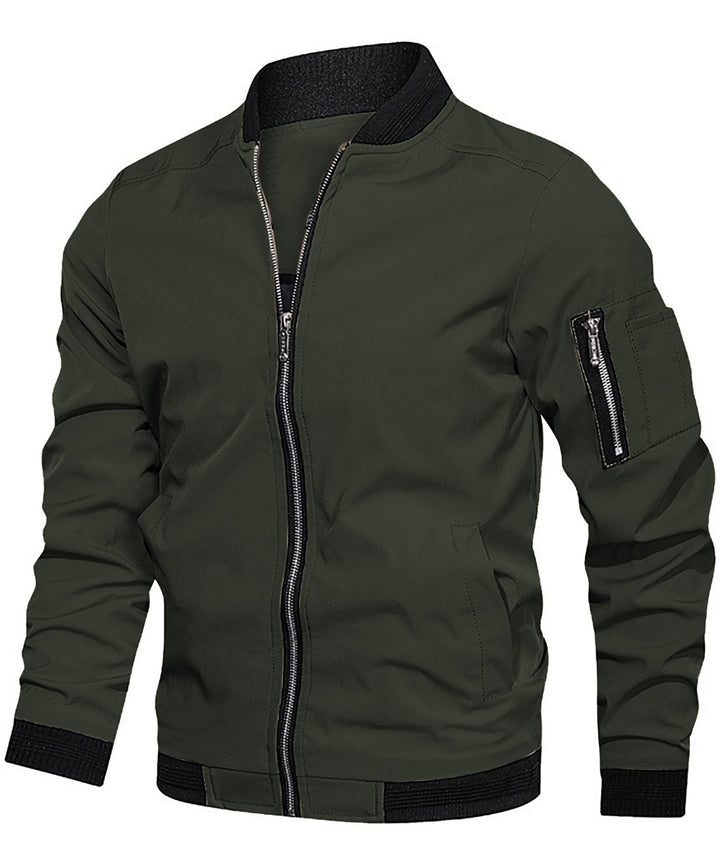 Close-up of the sleeve zip pocket on a men's classic bomber jacket, highlighting detail.