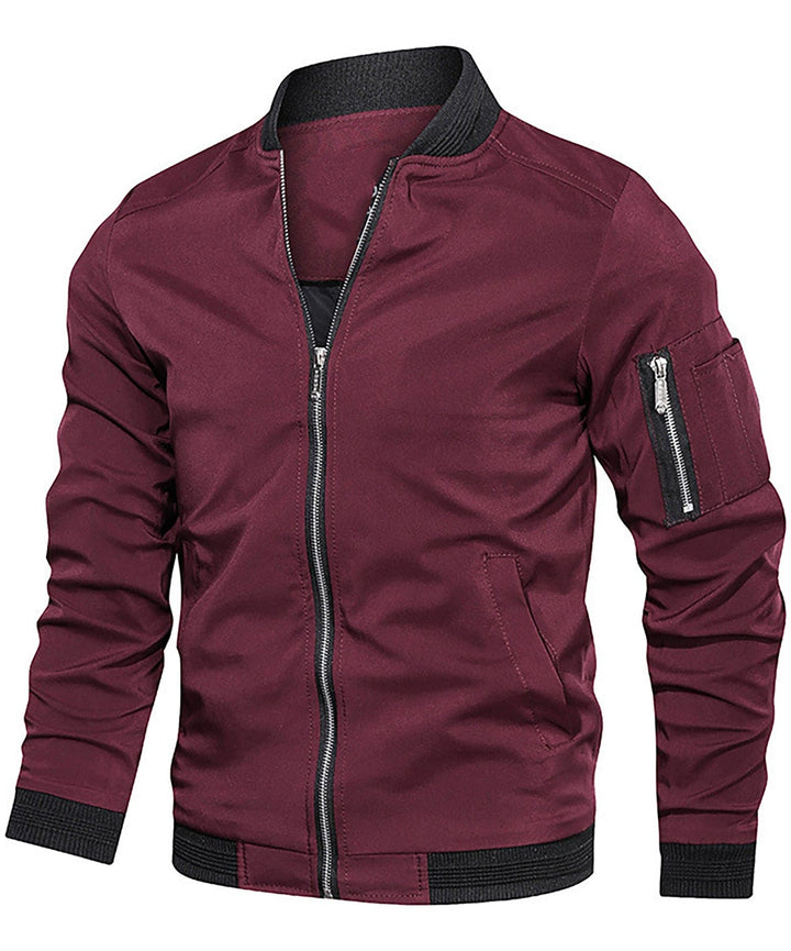 Model wearing a men's classic bomber jacket, showcasing its casual outerwear style.