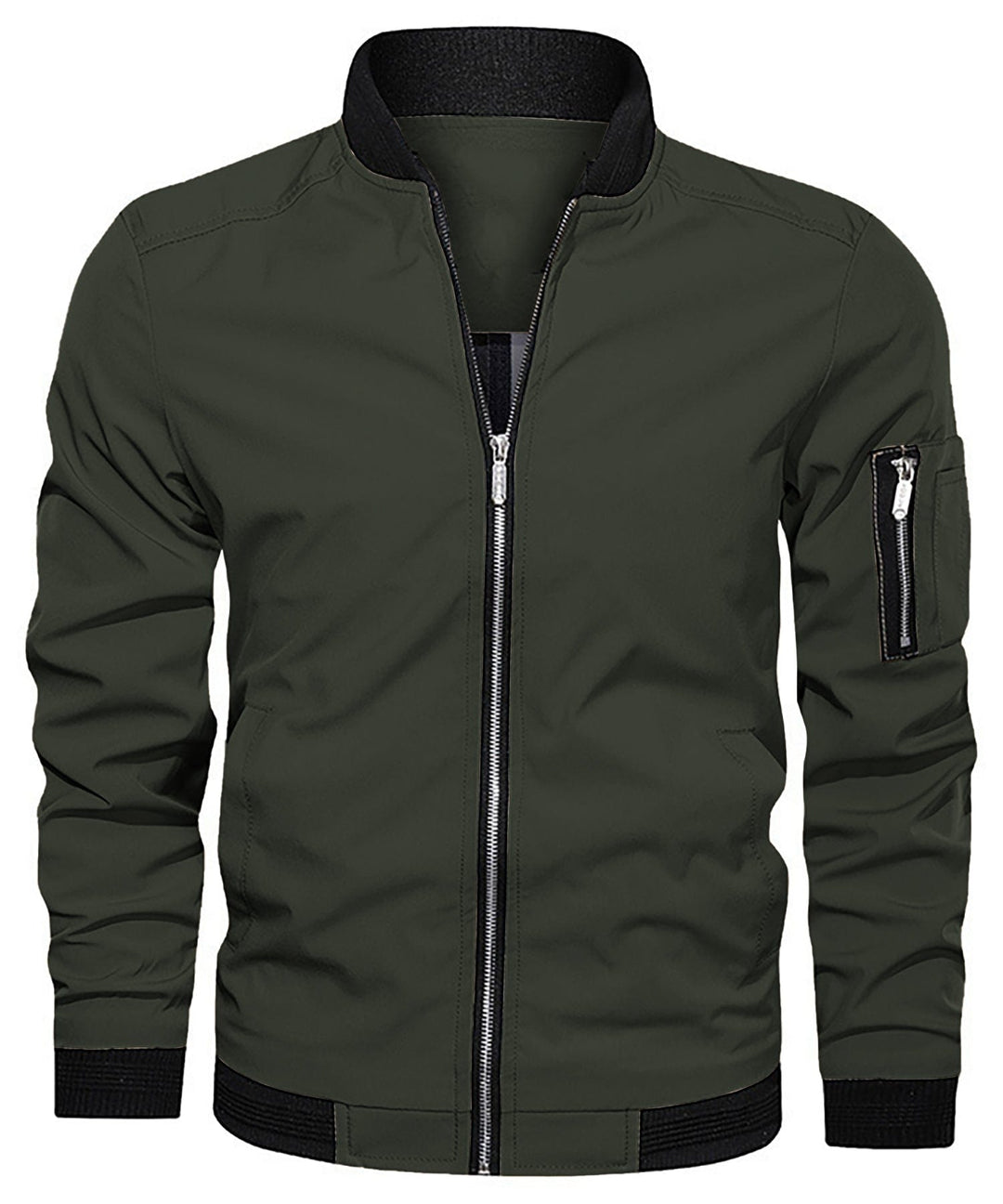 Front view of a men's classic bomber jacket, emphasizing its timeless design and comfortable fit.