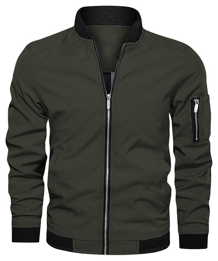 Front view of a men's classic bomber jacket, emphasizing its timeless design and comfortable fit.