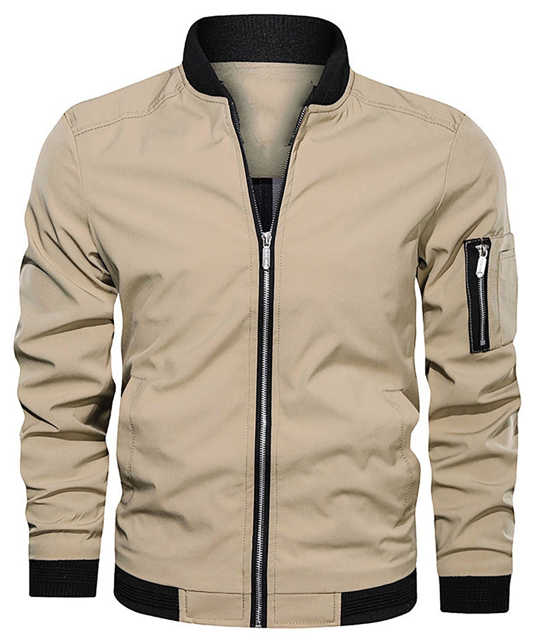 Back view of a men's bomber jacket with a sleek sleeve zip pocket, a key feature for men's fashion.