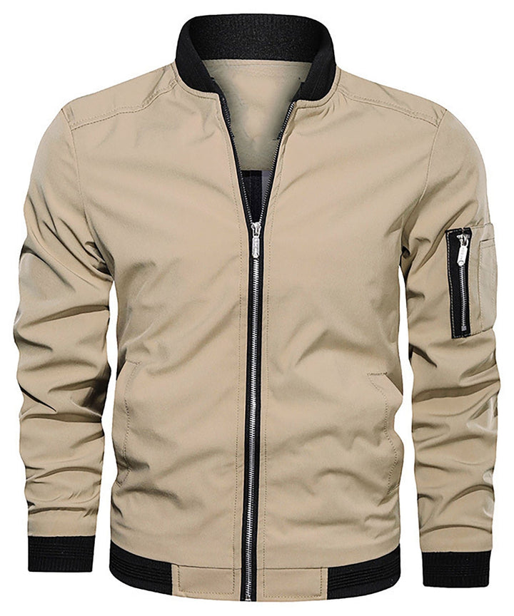 Back view of a men's bomber jacket with a sleek sleeve zip pocket, a key feature for men's fashion.