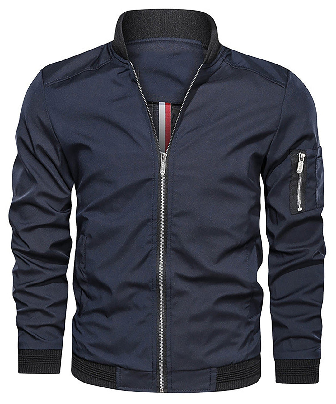 Detail shot of the metal zipper on the sleeve pocket of a men's classic bomber jacket.