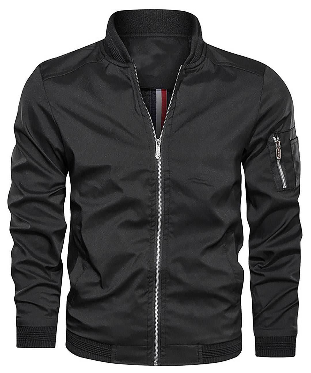 Men's classic bomber jacket styled for a casual look, with the sleeve zip pocket visible.