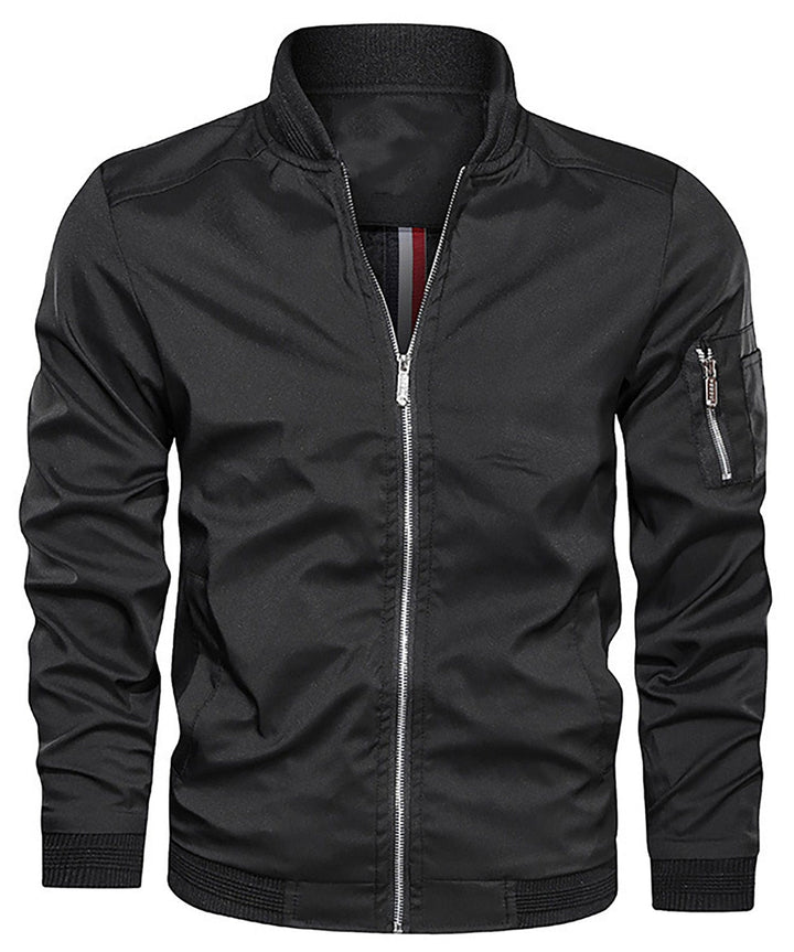 Men's classic bomber jacket styled for a casual look, with the sleeve zip pocket visible.