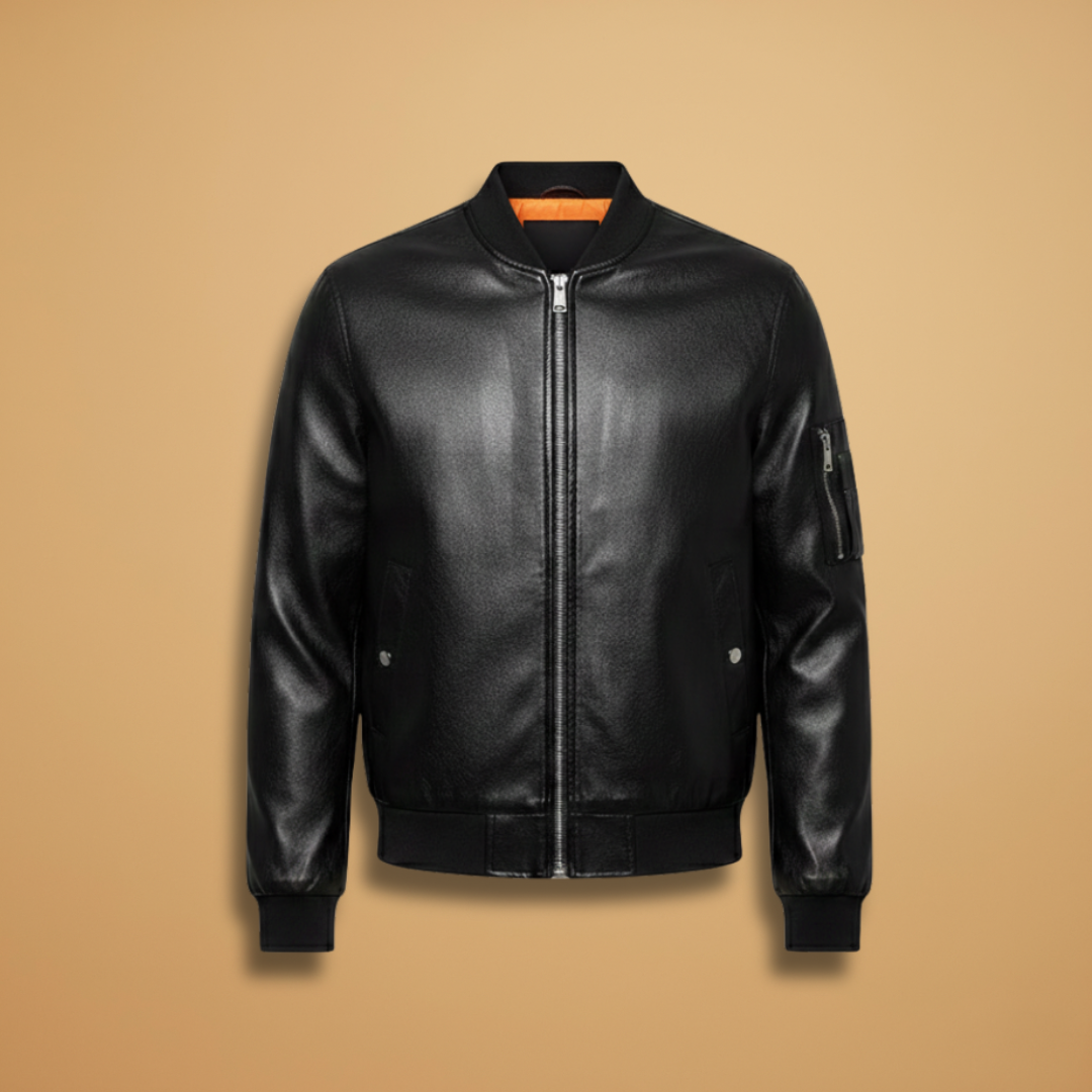 Men's classic bomber jacket in black with signature utility sleeve pocket