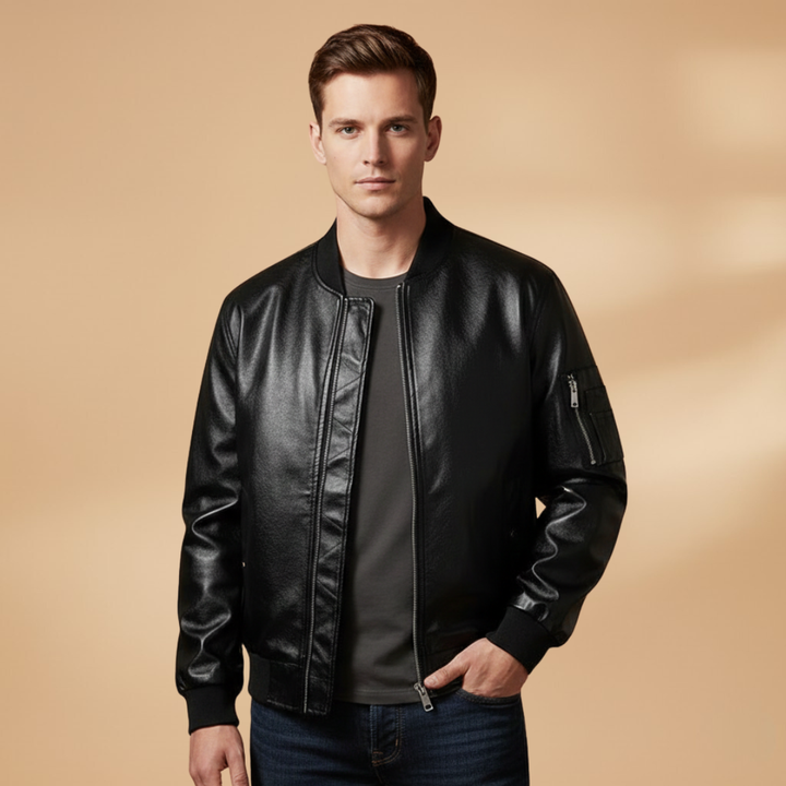 Close-up of the ribbed hem and cuffs on a men's classic bomber jacket