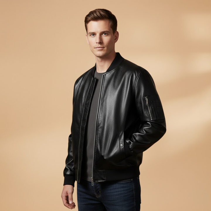 Man wearing a stylish men's bomber jacket with a zipper closure and casual fit