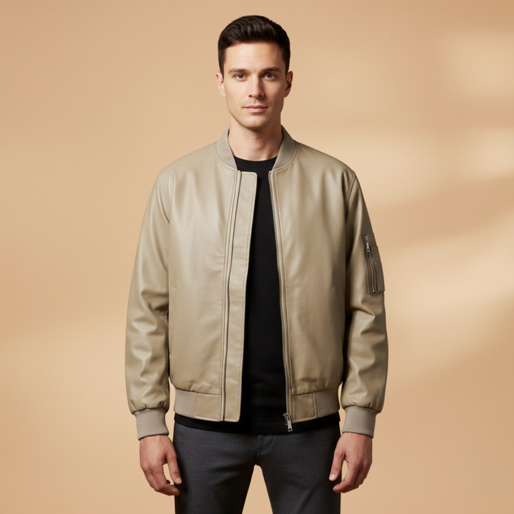 Back view of a men's bomber jacket, highlighting its classic silhouette and outerwear design