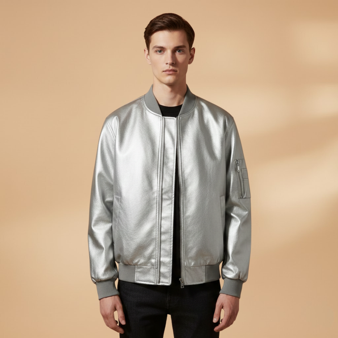 Model posing in a versatile men's bomber jacket, ideal for everyday styling