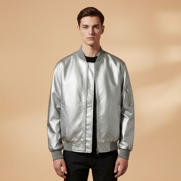 Model posing in a versatile men's bomber jacket, ideal for everyday styling