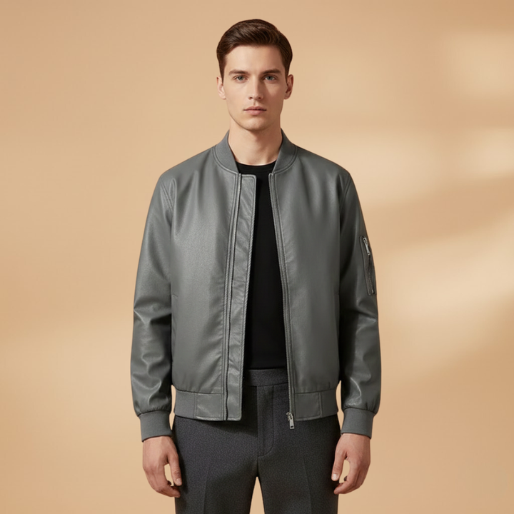 A men's zip-up bomber jacket featuring a timeless design and comfortable ribbed details