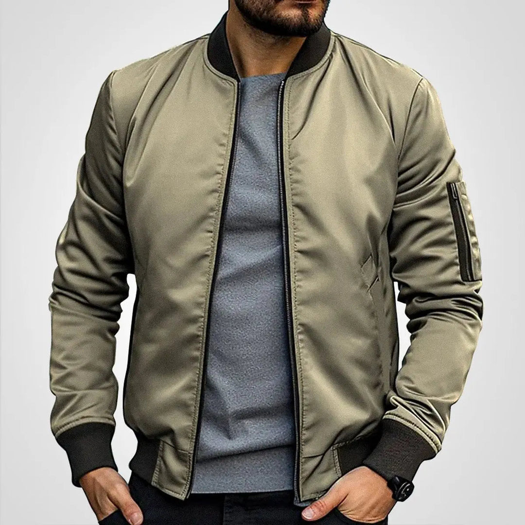 Zip-up men's classic bomber jacket featuring a stylish ribbed collar. Ideal flight style outerwear for daily wear.