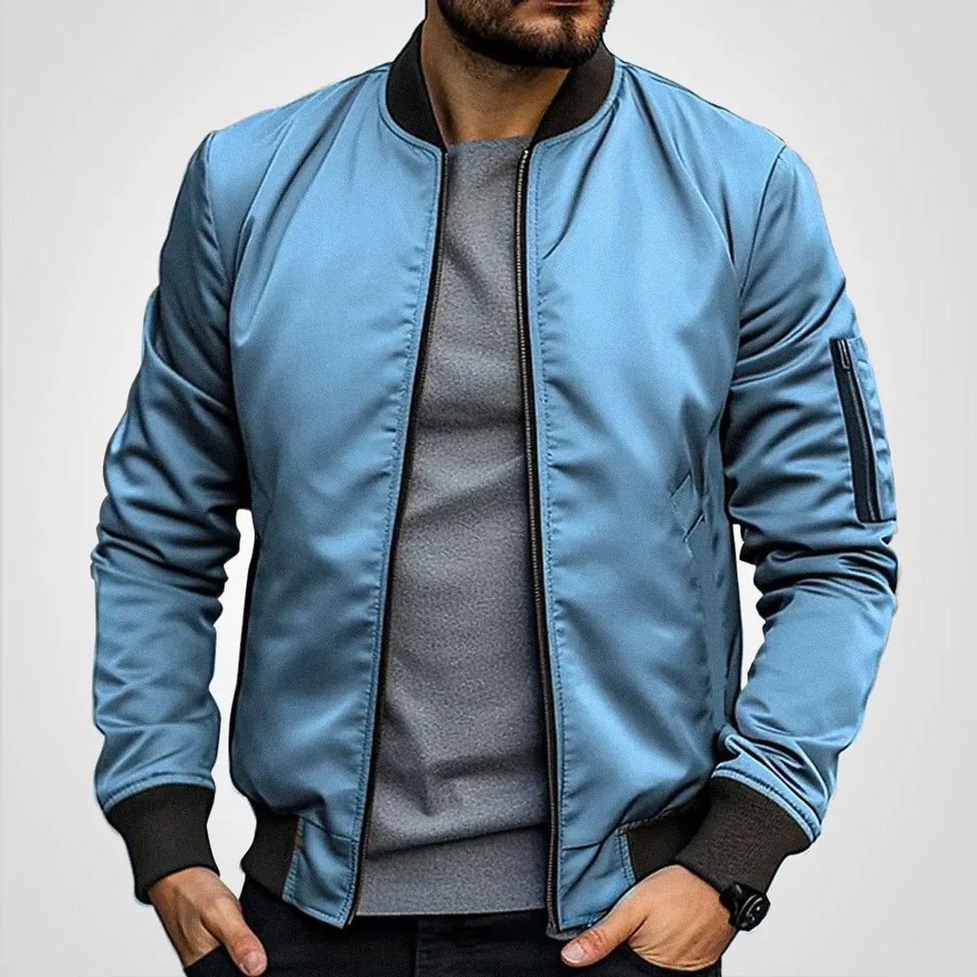 Men's flight bomber jacket, zip-up design & ribbed collar for a classic look. Casual outerwear for all seasons.