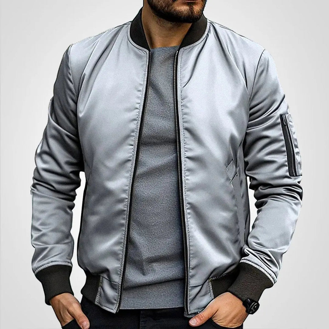 Men's zip-up bomber jacket, classic flight style with ribbed collar. Fashionable & versatile casual outerwear.