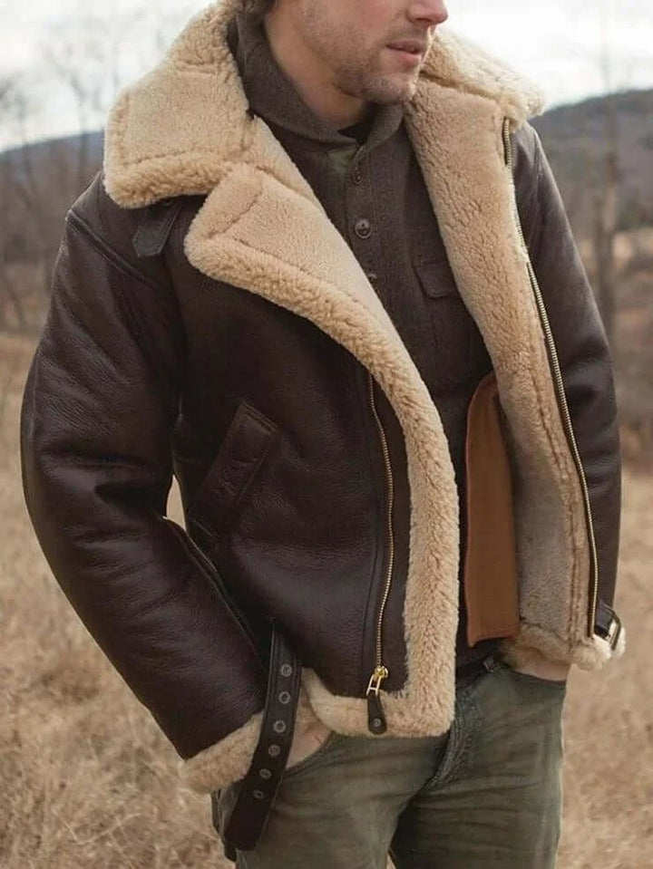 Front view: Men's classic brown flying jacket, showcasing timeless design & quality for fall fashion.