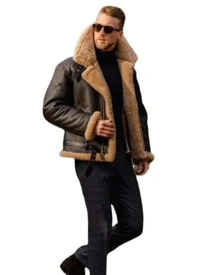 Close-up: Men's brown flying jacket, highlighting classic style, comfort & details of this winter outerwear.