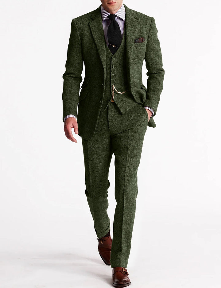 Front view of a stylish men's brown herringbone wool suit, perfect for business.