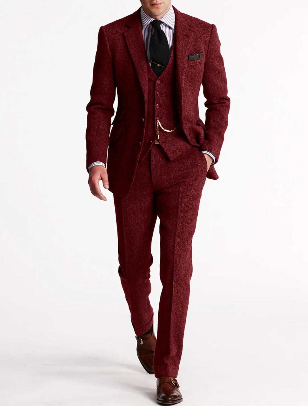 Back view of a men's classic brown herringbone 3 piece suit, showing the fit.