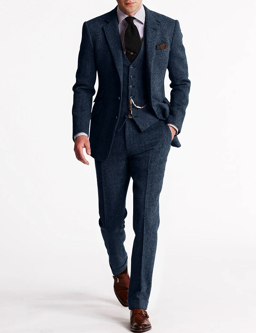 Full outfit shot of men's brown herringbone suit, ideal for special events.
