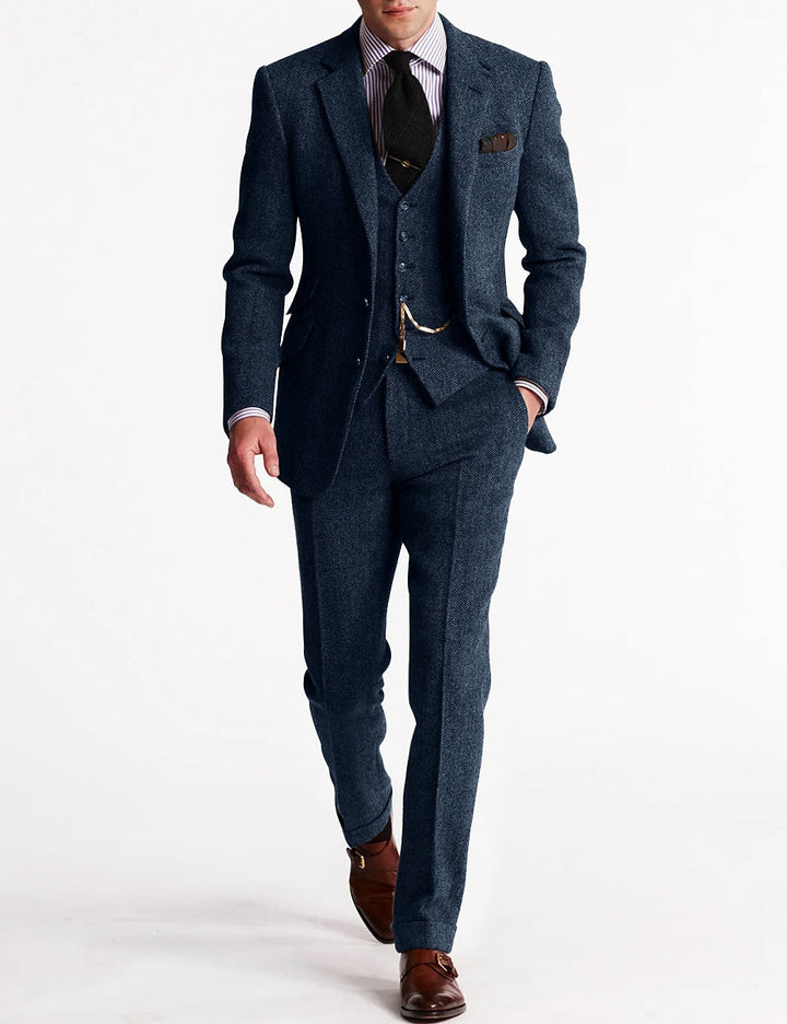 Elegant men's brown herringbone suit, a sophisticated choice for business attire.