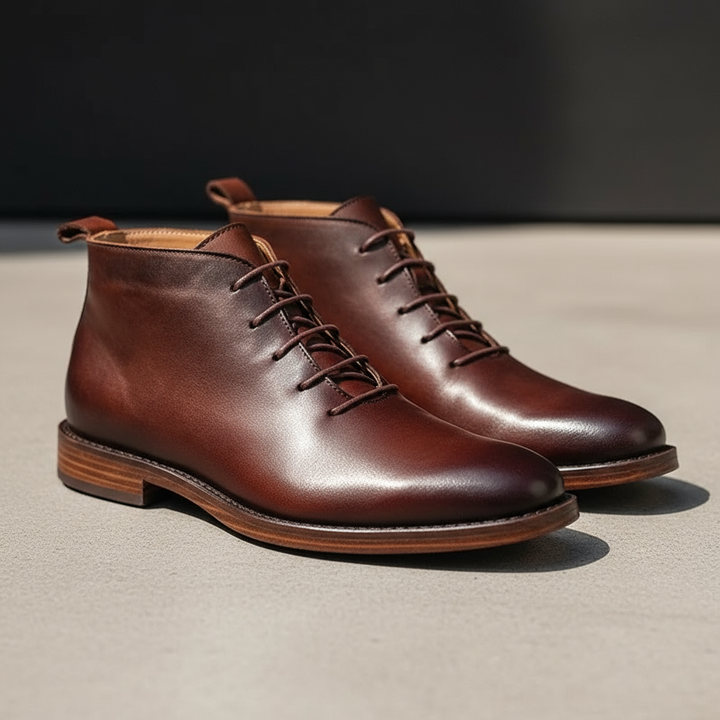 Close-up of Charlie men's brown leather ankle boots, showing lace detail