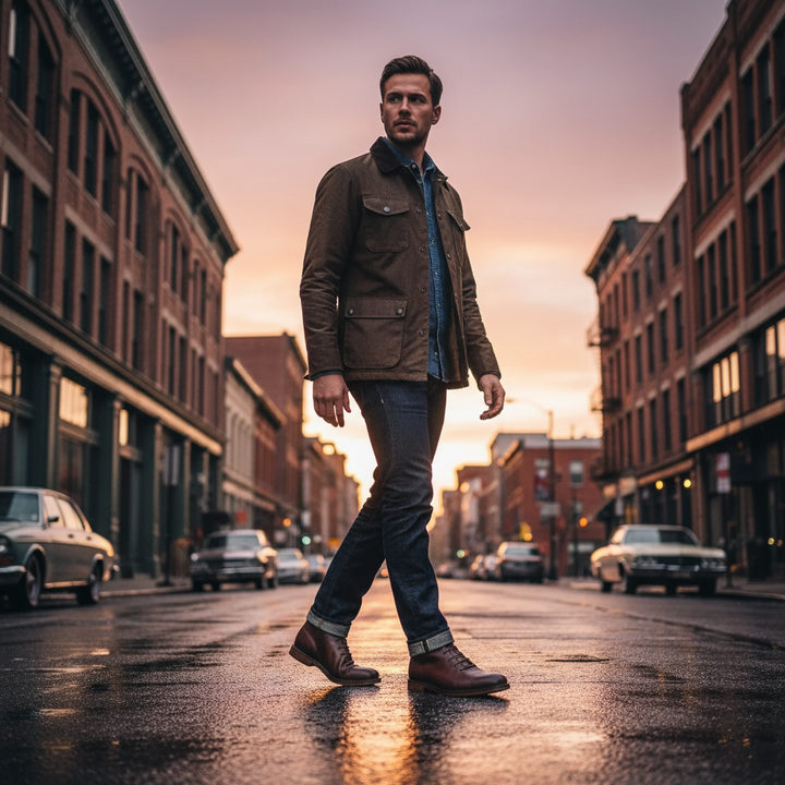 Man wearing Charlie brown leather casual ankle boots, full shot
