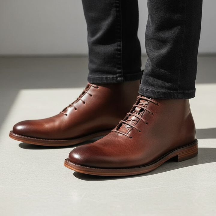 Front view of Charlie men's brown leather lace-up boots