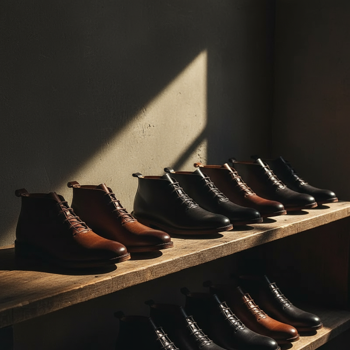 Detail shot: Charlie men's classic brown leather boot stitching