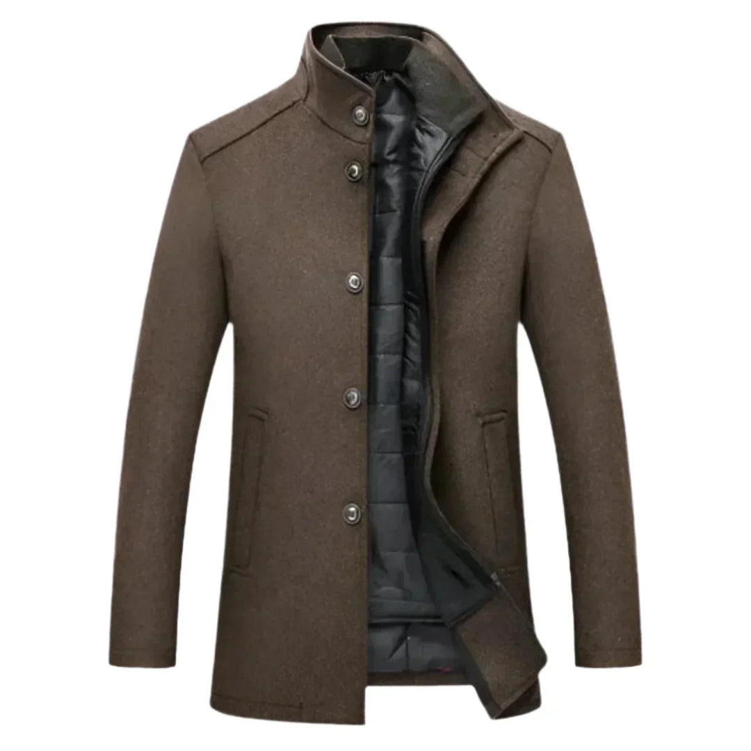 Men's classic brown mid-length overcoat, perfect for stylish fall and winter outerwear.