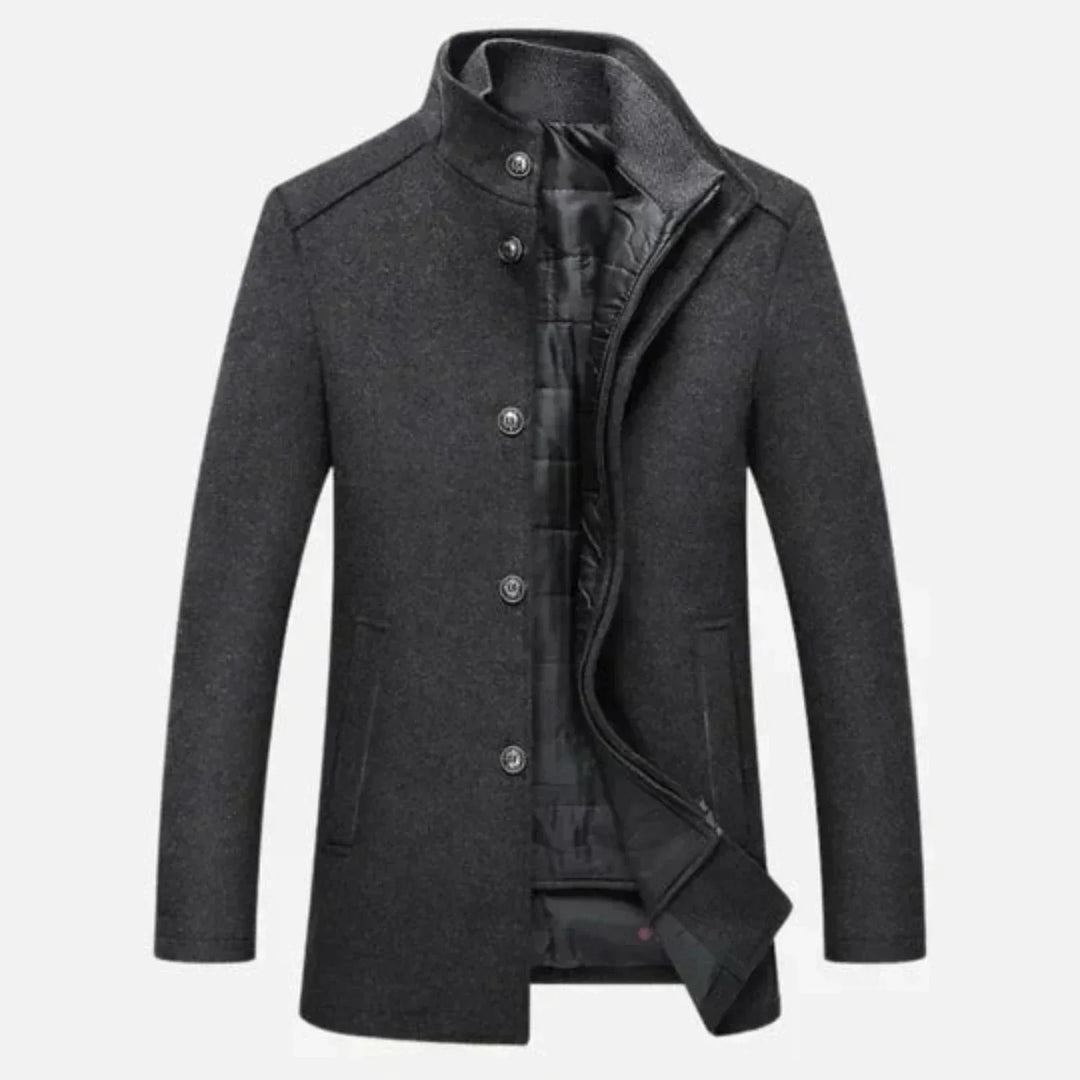 Stylish men's navy blue mid-length overcoat with a stand collar, ideal for elegant formal wear.