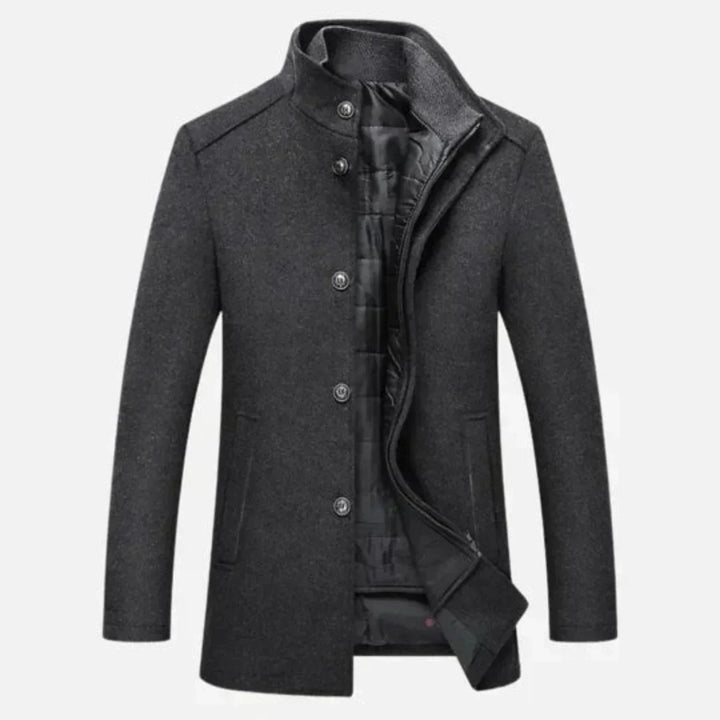 Stylish men's navy blue mid-length overcoat with a stand collar, ideal for elegant formal wear.