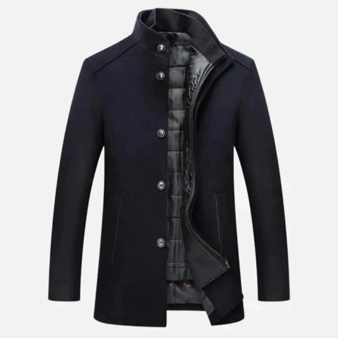 Comfortable men's gray mid-length overcoat, an all-season classic outerwear jacket.