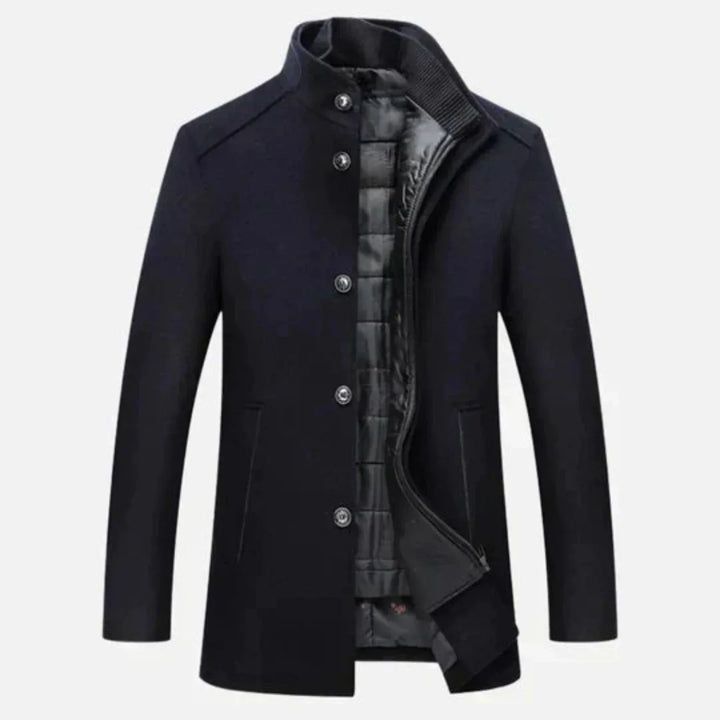 Comfortable men's gray mid-length overcoat, an all-season classic outerwear jacket.