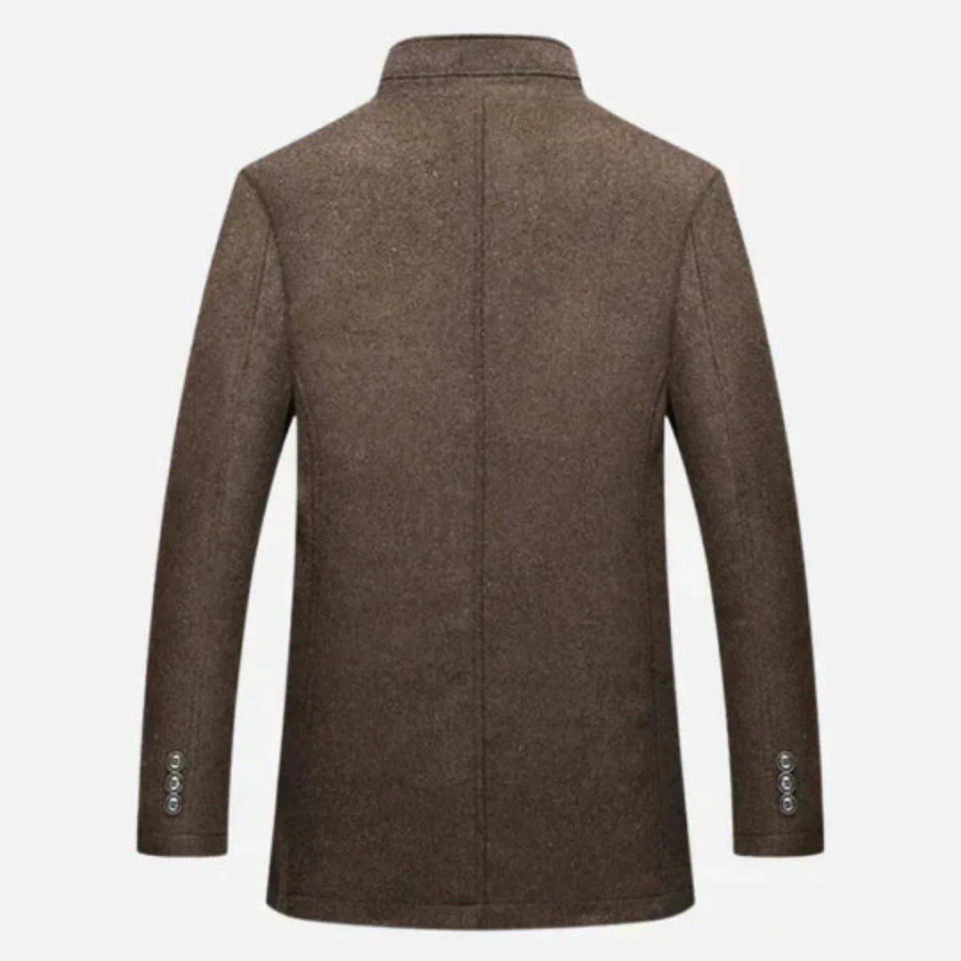 Versatile men's mid-length overcoat in navy blue, a stylish and warm jacket for diverse events.