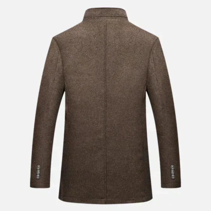 Versatile men's mid-length overcoat in navy blue, a stylish and warm jacket for diverse events.