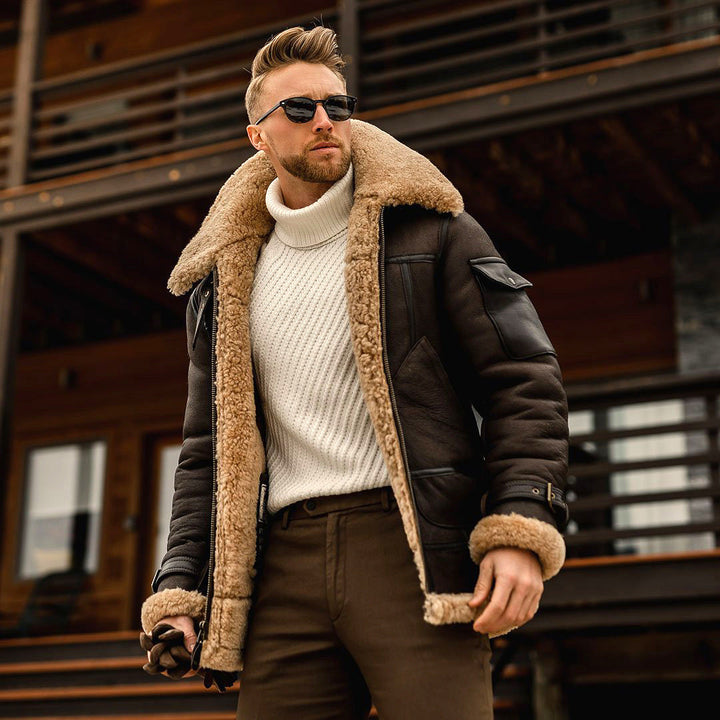 Men's classic brown shearling aviator jacket, a stylish & warm winter coat for cold weather fashion.